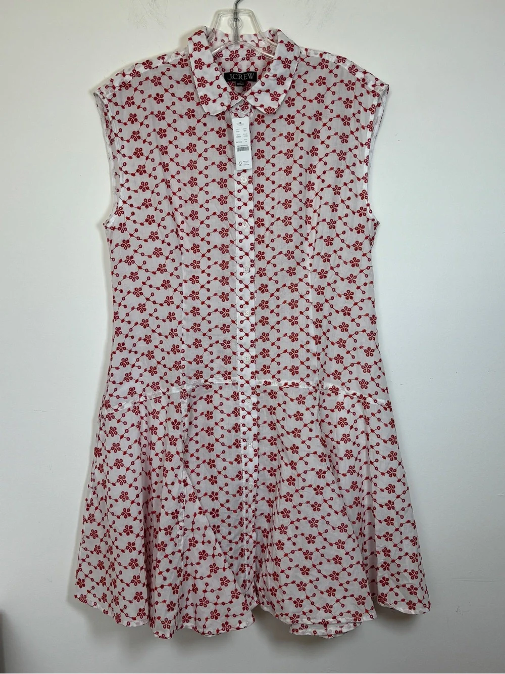 J. Crew Mini Eyelet Shirt Dress Crimson White Cotton Fit Flare Floral Size 12NWT
